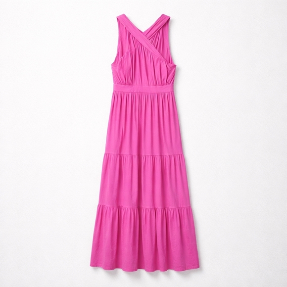 Soma Dresses & Skirts - Soma Weekend Crossover Halter Soft Jersey Pink Maxi Dress Tiered Ruffle Large